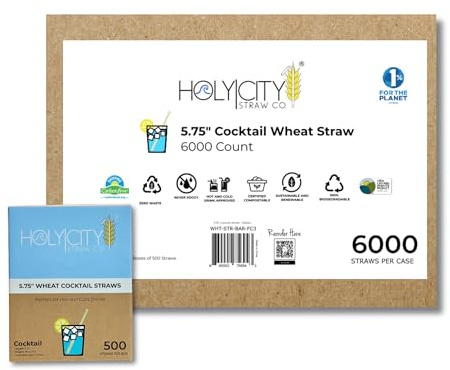 Holy City Straw Co. Premium Cocktail Wheat Stem Straws | 6000ct. | 5.75 | 100% Biodegradable, 100% Plant-Based, Never Soggy, Gluten-Free | Sustainable Alternative to Plastic & Bioplastic Straws