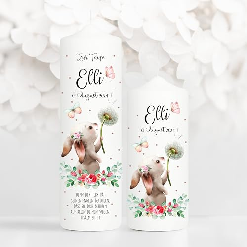 Wandtattoo Loft Taufkerze Mädchen oder Junge mit Taufspruch + Patenkerze, Motiv Hase mit Pusteblume, 25cm x 7cm, personalisierte Kerze, bedruckte Kerze zur Taufe, Stumpenkerze, Taufgeschenk