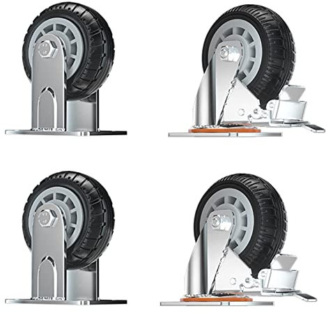 WORDFUN 2 Vollgummi Bockrolle + 2 Industrierollen Schwerlast Mit Bremse, Lenkrollen, Pannensicheres Stielrollen, Leise Stielrollen, Polyurethan Hub, Für Trolleys, Mechanisch Möbel