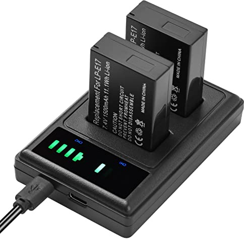 Andoer Akku-Ladegerät LP-E17 mit LED-Anzeigen + 2 Akkus LP-E17 7,4 V 1500 mAh mit USB-Ladekabel Ersatz für EOS 200D/ 750D/ 760D/ 800D/ 8000D/ M3/ M6/ T6i Kameras