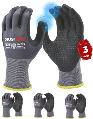 Mustbau 3 Paires Gants de Travail à Écran Tactile avec Points perlés noirs, Gants Nitrile Résistants à l'Abrasionet Ventilé Idéal pour Travaux, Jardinage, Mécanique, Chantier (Gris,XL)