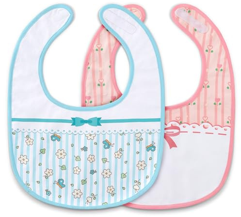 LittleForBig Lot de 2 bavoirs imperméables en coton avec fermeture Velcro réglable Motif floral Rose et bleu, rose/bleu, taille unique