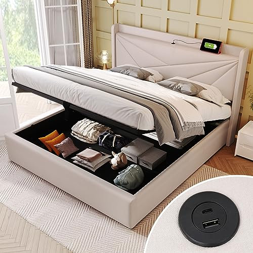 MYBOO Polsterbett Doppelbett 180x200, Stauraum Bettkasten mit USB Typ C Ladefunktion Kopfteil, Stauraumbetten Bettgestell aus Leinenmaterial Jugendbett Bett Lattenrost (180x200,Beige)
