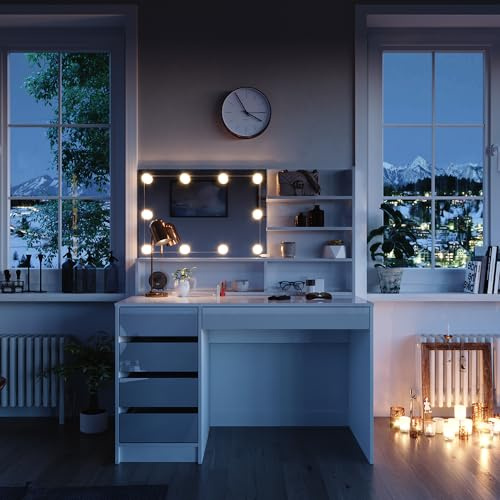 Vicco Schminktisch Sherry, Weiß, 120 cm mit LED Beleuchtung, und Spiegelregal