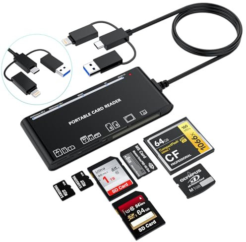 7-in-3 USB C Lightning USB 3.0 Multi Card Reader Universal Memory Card Adapter Hub for iPhone,iPad,MacBook,Samsung Support SD,CF,Micro SD,XD,MS,TF Compatible with Windows,Mac OS,iOS,Linux,Android