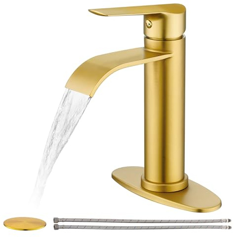 FROPO Gold Bathroom Faucets | Waterfall Single Hole Bathroom Sink Faucet with Deck Plate, 1 Hole Or 3 Hole for 4 Inch Brushed Gold Vanity Faucet with Pop-Up Drain Single Handle Lavatory Faucet
