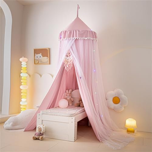 Odot Betthimmel Babybett Mädchen Jungen Doppelschicht Himmelbett Vorhänge Kinder Baldachin Kinderzimmer Rund Hängende Princess Moskitonetz für Schlafzimmer Babyzimmer Dekoration (Hell-Pink)