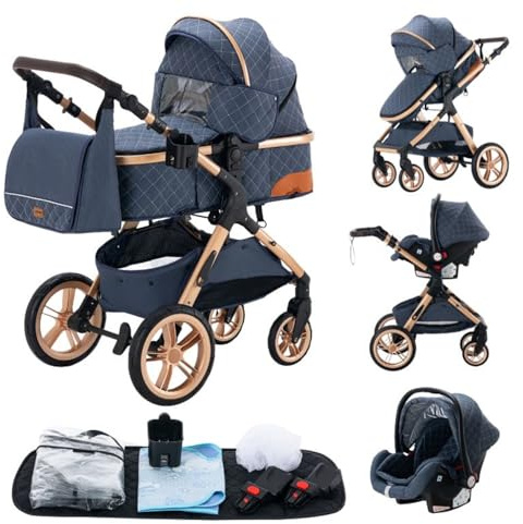 Passeggino 3 pezzi, carrozzina, passeggino 3 in 1, passeggino, sistema da viaggio, pieghevole, pneumatici in gomma, con accessori, Gondola, Adaptateurs, 25 kg (XX1 blu)…