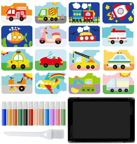 PhnkjGh Sandkunst-Sets für Kinder,Sandmalerei für Kinder - Farbsand-Kunstbilder-Sets zum Abziehen und Aufkleben - Das Set enthält 1 Tablett, 1 Pinsel, 12 Sandfarben und 16 Bilder zum Abziehen und