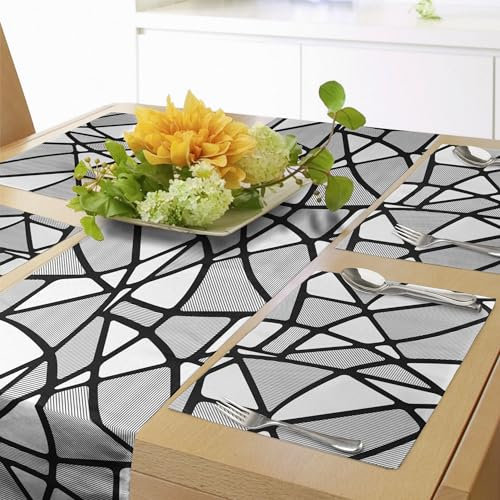 ABAKUHAUS Schwarz-Weiss Tischläufer & 4 Stück Tischsets, Thick Dünne Linien Tile, Set für die Tischdekoration, 41 cm x 183 cm, Grau Schwarz