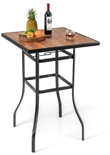 GOPLUS Table de Bar Carrée, Table de Jardin d'Extérieur avec Trou pour Parasol de 39mm, Plateau Imitation Bois et Cadre en Métal Robuste, Table Haute de Bistrot 70x70x102CM, pour Patio, Terrasse
