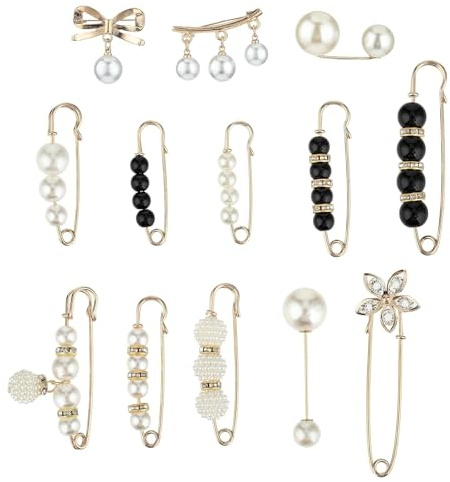 JCUGSBS 13 Pièces Broches Pour Femmes, Mode Broche de Perle Simulée Épingle de Sécurité pour Châle Pull Écharpe Manteau Robe Robe Chemises pour Femme Filles, Doré