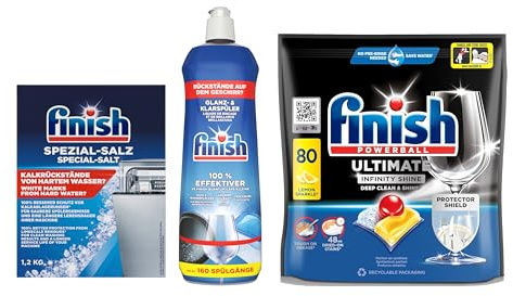 Finish Ultimate Infinity Shine Citrus Spülmaschinentabs, 80 Caps für strahlenden Glanz + 1,2 kg Spezial-Salz + 800 ml Glanz- & Klarspüler