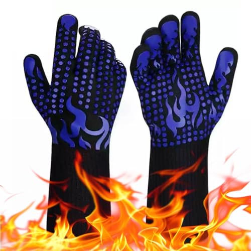 BBQ Gloves, 800°C/1472°F Heat Resistant Silicone Non-Slip Oven Gloves Long for Kitchen, Cooking, Baking and Barbecue (Blue)
