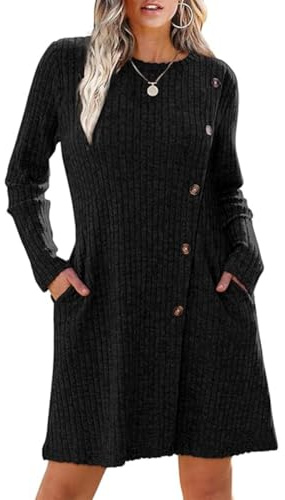 Yeenily Vestido Punto para Mujer Cuello Redondo Vestidos Suéter Elegante Vestido de Jersey Manga Larga A-Line Casual Túnica Vestidos para Otoño Invierno (Negro, M)