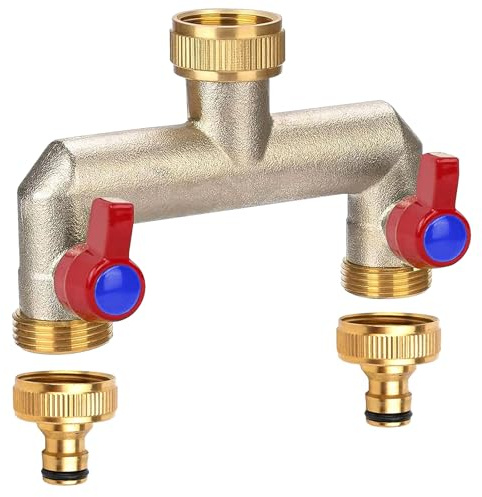 2 Wege Wasserhahn Verteiler, 3/4 Zoll Verteiler Wasser mit Kugelhahn, 2-Wege Wasserhahn Adapter aus Messing mit 2 Gartenschlauch Wasserleitungsverbinder, Zum Einstellen Absperren Wasserflusses