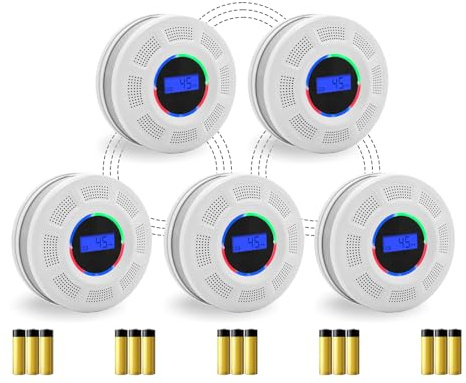 GiiHoo Wireless Interconnected Smoke Carbon Monoxide Detector Battery Powered, Interlinked Combination Smoke and Carbon Monoxide Detector Alarm with Digital Display, Silence Button (White-5)