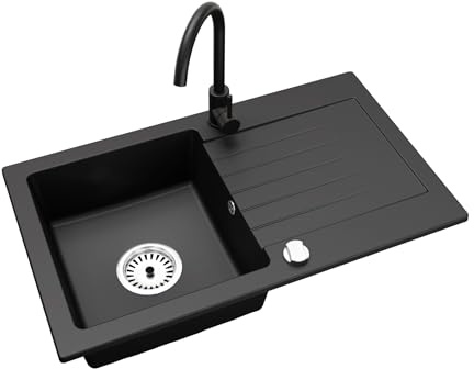 Faizee Granitspüle 75 x 44 cm Nachtschwarz – inklusive Armatur Genial in Schwarz – eckige Einbauspüle aus Granit – beidseitig montierbar, kratzfest, hitzebeständig – modernes Spülbecken