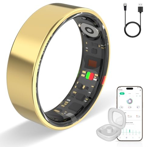HPLSZCN Anillo Inteligente, rastreador de Actividad física con frecuencia cardíaca, oxígeno en Sangre, estrés, monitoreo del sueño, Seguimiento de Pasos (Oro, 8)