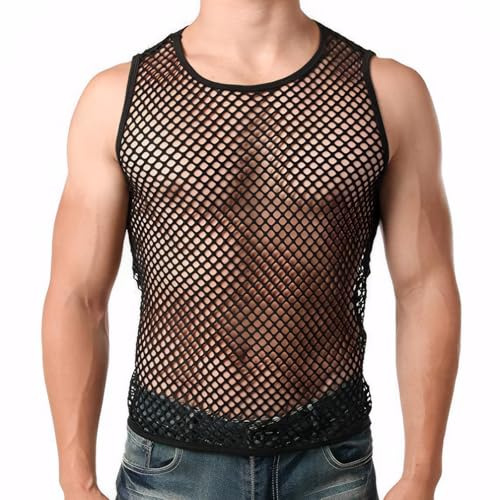 Pluvyze Netzhemd Herren, Netzshirt Herren,Netzhemd Männer,Disco Party Kostüm Streetstyle,für Männer ärmellos Clubwear,Sexy(Schwarz，l)