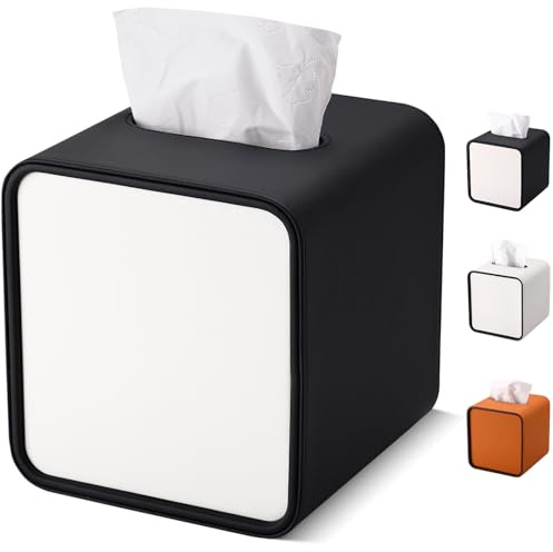 GORESE Taschentuchbox,Leder Quadratische Kosmetiktücherbox Papiertaschentuchhalter Taschentuchspender Tücherbox Tissue Box für Büro, Zuhause, Auto, Badezimmer(Schwarz)