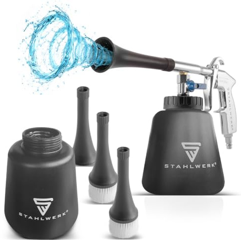 STAHLWERK Druckluft-Reinigungspistole RP-90 ST – Auto, Werkstatt & Haushalt | Tornado-Effekt & regulierbares Ventil für Reinigungsmittel, 2 x Behälter, 4 x Trichter-Set (je 2 x mit/ohne Bürste), schwarz