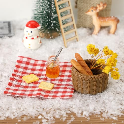 Festicy Wichtel Picknick Set 9-teilig I Baguette, Toastscheiben, Honig, Picknickdecke, Korb, Blume, Löffel I Wichtelzubehör für Puppenhaus Zubehör und Wichtel Deko Miniatur im Wichtelhaus