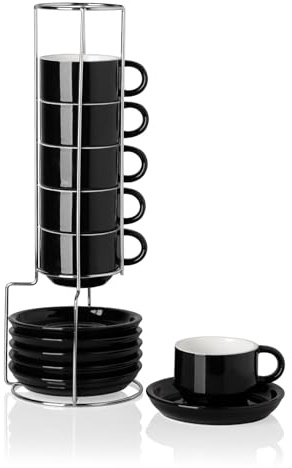 Sweejar Home Porcelain Espresso Cup & Saucer Set, Stackable Demitasse Cups with Metal Stand, 120ml for Latte,Coffee,Cafe Mocha,Tea, Set of 6 (Black)
