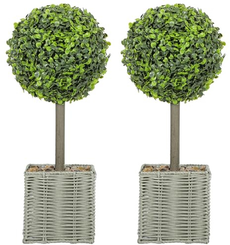 HOMCOM Set of 2 Decorative Artificial Plants, 50cm Faux Boxwood Topiary Balls with Woven Plastic Pot and Pebbles, Fake Plants for Home or Office Decor, Green