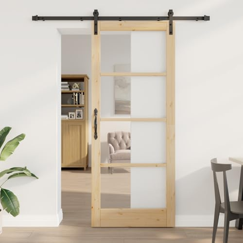 Gecheer Schiebetür mit Beschlagset Massivholz & Glas, Innentür mit Glas 86x211x4 cm Massivholz Kiefer Schiebetür Komplettset Schiebetürsystem für Wohnzimmer Büro Scheunentür Raumteiler