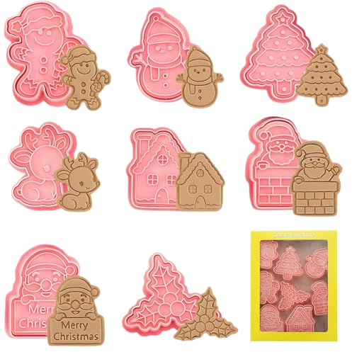 QWEPU Formine Biscotti Natale 8 Pezzi, 3D Stampini Biscotti Natale, Stampi Timbri Natalizi, Tagliabiscotti per Fondente Decorare Biscotto Dolci Torta