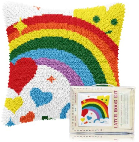 FREEBLOSS Latch Hook Pillow Kits Rainbow Printed Pillowcase Latch Hook Kits for Beginners Adults DIY Pillow Cover for Handmade Cushion Decoration Sofa 17x17