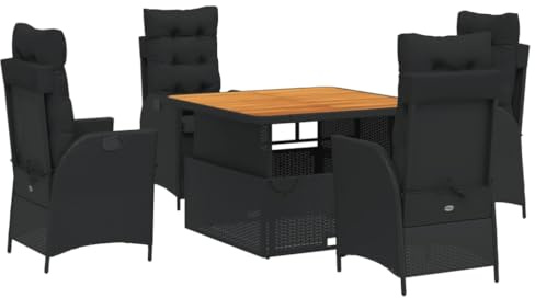 PUGYNBK 5-TLG. Garten-Essgruppe mit Kissen Schwarz Poly Rattan, verstellbare Rückenlehne Gartensessel, klappbarer Tisch von Couchtisch zu Esstisch, abnehmbare waschbare Bezüge, Sitzkissen
