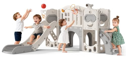 11 in 1 Scivolo per Bambini con Canestro da Basket,Palla e Telescopio Giocattolo, Set Giochi per Interni ed Esterni, per Bimbi Piccoli e in Età Prescolare