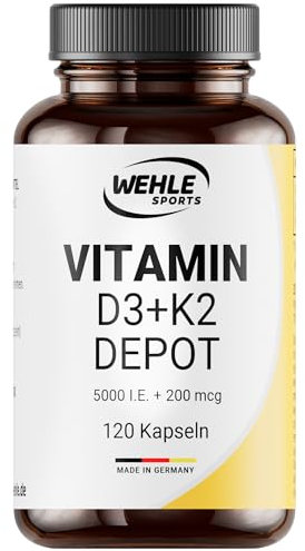 Vitamin D3 K2 Depot 120 Kapseln Hochdosiert 5.000 IE Vitamin D3 + 200 µg Vitamin K2 MK7 All Trans – Wehle Sports, Hergestellt in DE. - Verpackung kann variieren