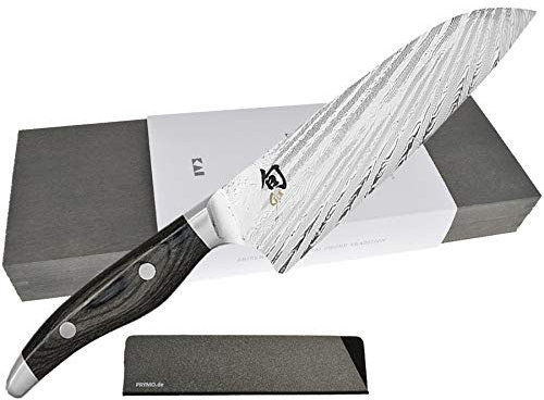 KAI Shun Nagare - Cuchillo Santoku (acero de damasco con grabado, incluye funda protectora de la hoja Prymo), acero madera, 1) Cuchillo sin grabado., 3) Santoku 18cm