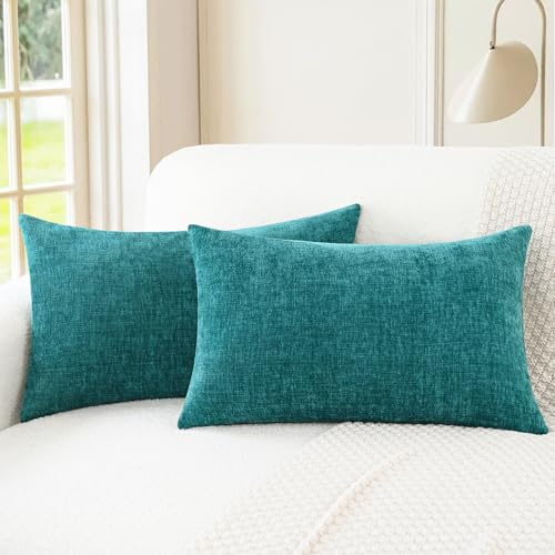 CaliTime Pack of 2 Cozy Bolster Pillow Covers Cases for Couch Sofa Home Decoration Solid Dyed Soft Chenille 30cm X 50cm Teal | Pack of 2, Cozy Chenille Cushion Cases for Sofa Bed Living Room Farmhouse Home