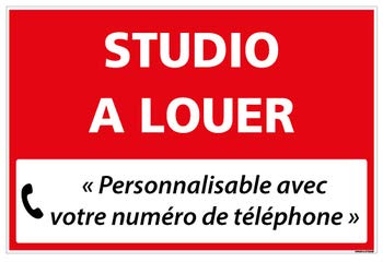 Panneau Immobilier Personnalisable Studio à Louer avec Oeillets aux 4 coins - Rouge - Plastique rigide AKILUX 3,5mm - Dimensions 600x400 mm - Protection Anti-UV