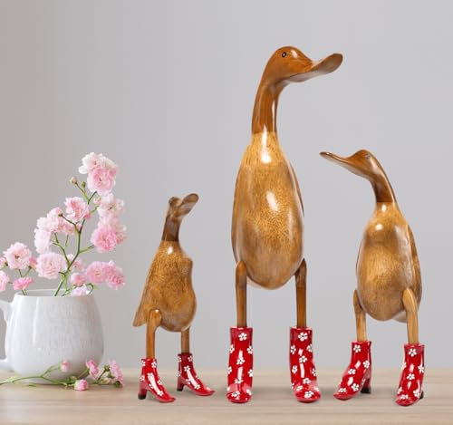 Rikmani - Holzfigur Ente Stiefel Absätze Rot Geblümt - Handgefertigte Dekoration aus Holz Geschenk Figur 42 cm