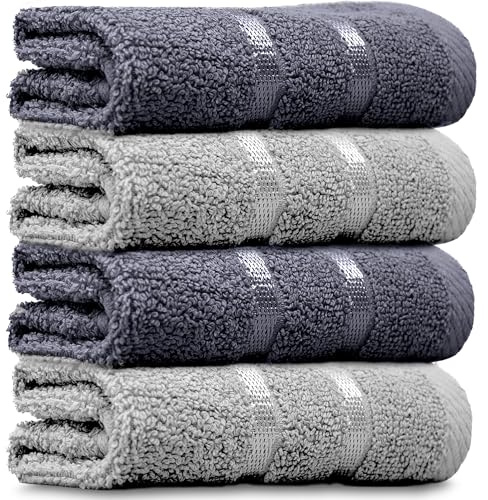 Towelogy® Luxury Egyptian Cotton Face Cloth Flannel Fingertip Towels Set 500 GSM Supersoft and Highly Absorbent Washcloths 30x30 cm (Pack 4, Grey/Silver)