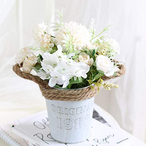 Leixi - Fiori di ortensia artificiali con vaso, 11 × 20 cm, piante finte in vaso di metallo, rose di seta per casa, ufficio, scrivania, decorazione per davanzale, idea regalo per la casa (bianco)