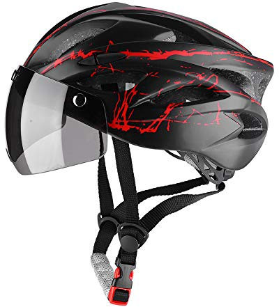 Casco Bici con Occhiali Visiera Shield, Certificato CE, Regolabile, Leggero, Unisex, per Mountain Bike, Rosso