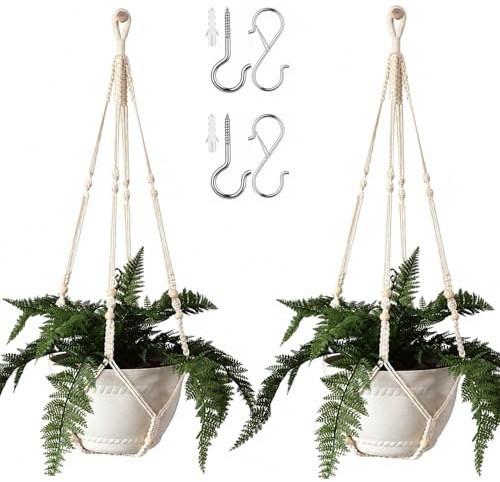 Bouqlife 43 Inches Macrame Plant Hangers Large for up to 12 inch Pot Extra Long with Heavy Duty Swag Hooks No Tassel Cotton Rope Hanging Plant Holders (Beige, 2 Pack)