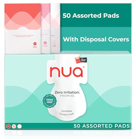 Nua Ultra Safe 50 Sanitary Pads for Women | 3 Sizes in 1: 12 Heavy Flow-XL+, 20 Medium-XL & 18 Light-L | Toxic-Free & Rash-Free | Unscented | Leakproof | with 50 Disposal Pouches | Bulk Pack