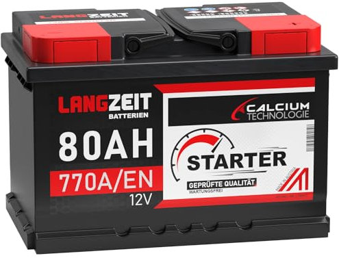 LANGZEIT Autobatterie 80Ah 12v 770A/EN Starterbatterie +30% mehr Leistung ersetzt Batterie 74Ah 72Ah 75Ah 77Ah 85Ah