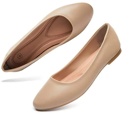 hash bubbie Women's Flats Shoes Ballet Flats Dress Shoes Comfortable PU Leather Slip on Shoes for Women(Nude .US7)