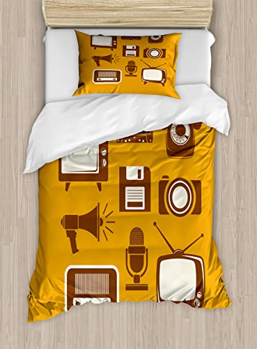 Ambesonne TV Show Duvet Cover Sets, Retro Electronic Media Megaphone Radio Telephone Cassette, Bedding Set with 2 Duvet Covers & 2 Pillowcases, 2 Pack Twin Size, Apricot Chocolate