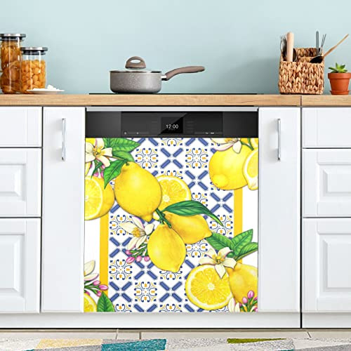 Dishwasher Cover Panel Mediterrraean Lemon Tiles Magnet Cover Decal Sticker Fridge Microwave Refrigerator Panel Kitchen Seasons Decor 26 x 23