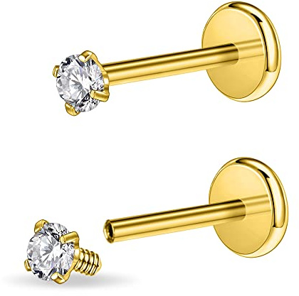 PunkTracker 16g/18g Chirurgenstahl Innengewinde CZ Stud Piercing Schmuck für Tragus/Nase/Helix/Conch/Medusa/Lippe/Labret - Helix Tragus Knorpel Ohrring für Damen Herren 2 Stück