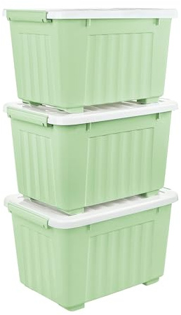 Cetomo 35L*3 Aufbewahrungsboxen, Rillen-verstärkte Kunststoffboxen mit Rollen & Deckeln, Stapelbare Aufbewahrungskiste, Ordnungsboxen für Zuhause und Büro, PP, Grün, 35L (3er Pack)